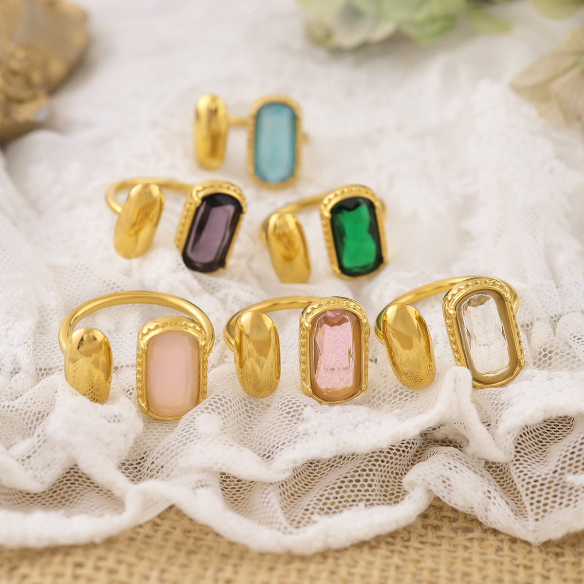 Gold Retro Color AAA Zircon Stainless Steel Ring for Women Simple Geometric Opening Fashion Ring