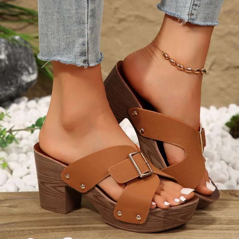 of Women British Style Rome Shoe Comfy Soft High Heels Summer Sandalias Metal Buckle Casual Slipper Wedge Platform Sandal