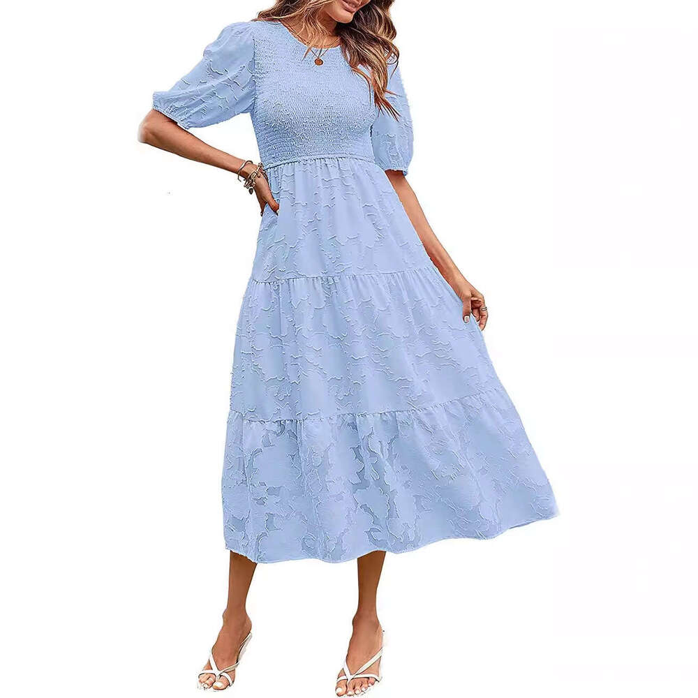 White Dress Maxi Dress 2024 Summer Women's Round Neck Folded Bubble Sleeves Layered Flower Dress KQ