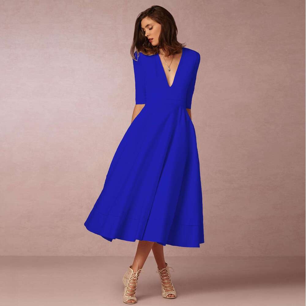 White Dress Maxi Dress 2024 New Women's Evening Sexy Deep V Mid Sleeves Large Hem Dress KQ