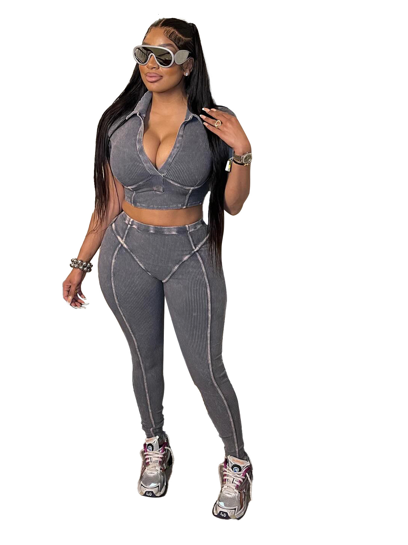 HR24036 Fashion Womens Fashion Trendy Washed Old Flip Collar Deep V Two Piece Set