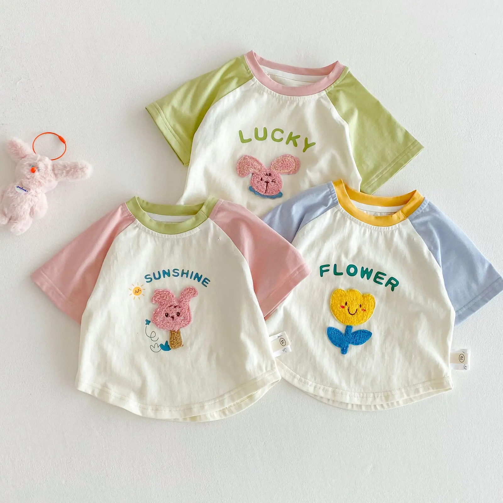 Summer Korean Style Color Block Round Neck Short Sleeve Cartoon T-Shirts for Boys Girls 250515