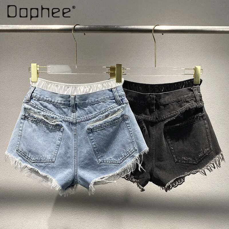 Summer New Spice Girl Old Ripped Rough Edge Jeans Fake Two Pieces Splicing High Waist Slim Female Sexy Y2k Jean Shorts