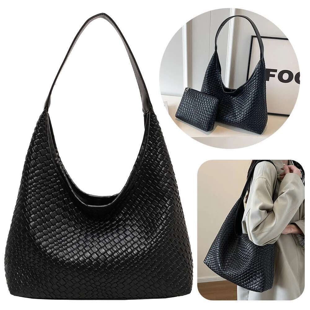 Women Large Shoulder with Pouch Top Handle Trendy PU Woven Tote Leather Armpit Handbag Commuting Bag