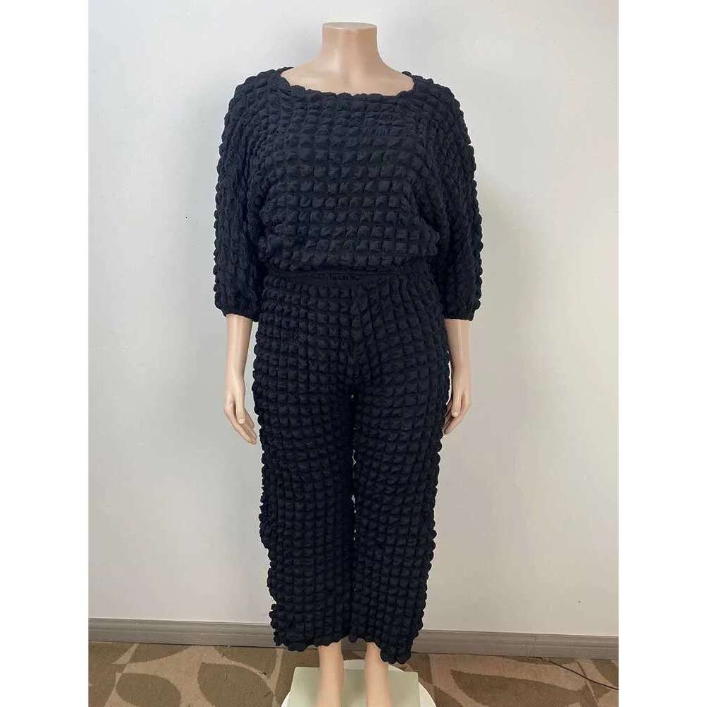 Curvy Plus Size Woman Clothing Fall Winter Long Sleeve 2 Piece Outfit Set Bubble Waffle Pleated Top and Pants Sets Elegant Suit