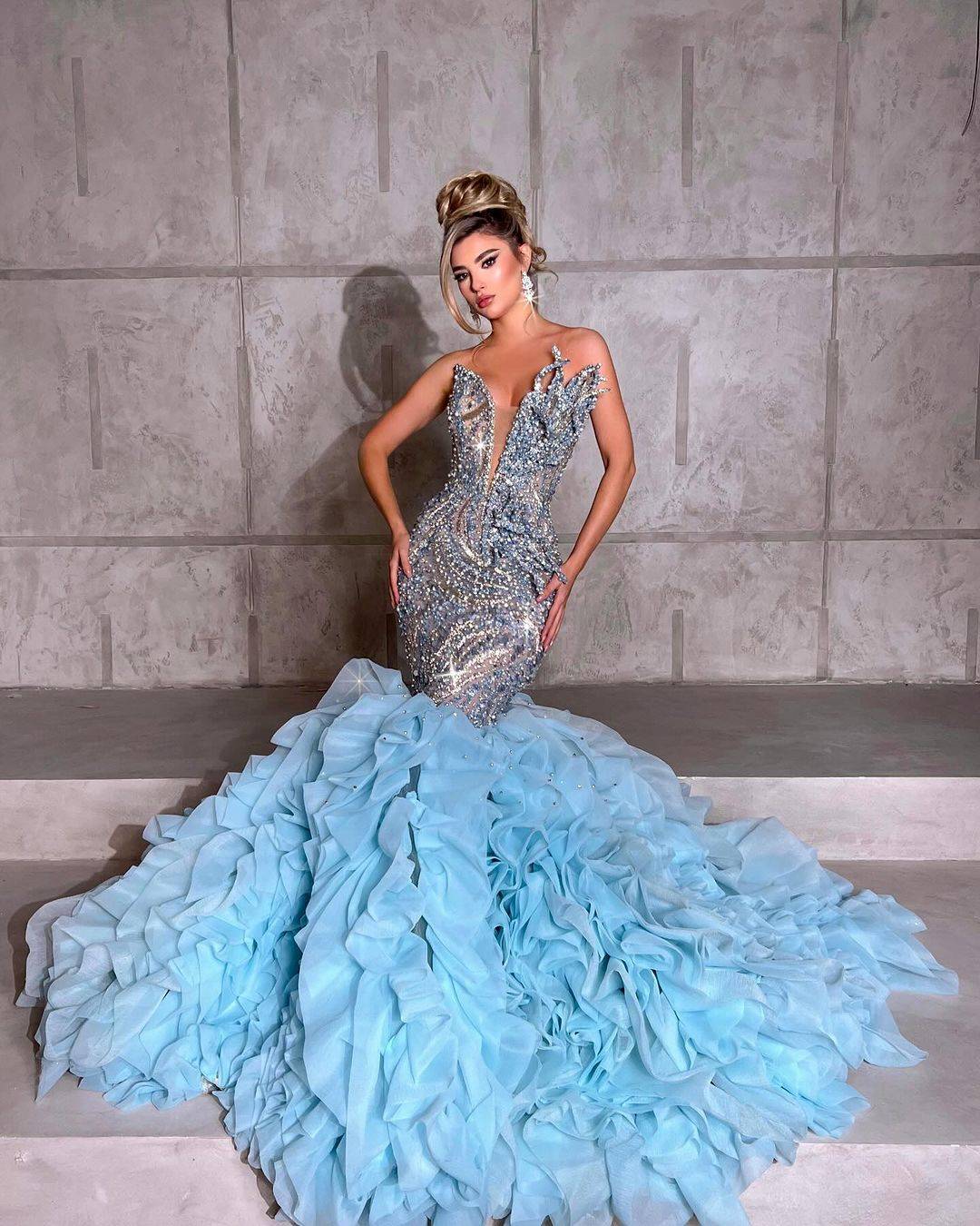 Luxury Mermaid Prom Dresses Ruffled Train Beads Formal Party Second Reception Birthday Engagement Evening Gowns Customized