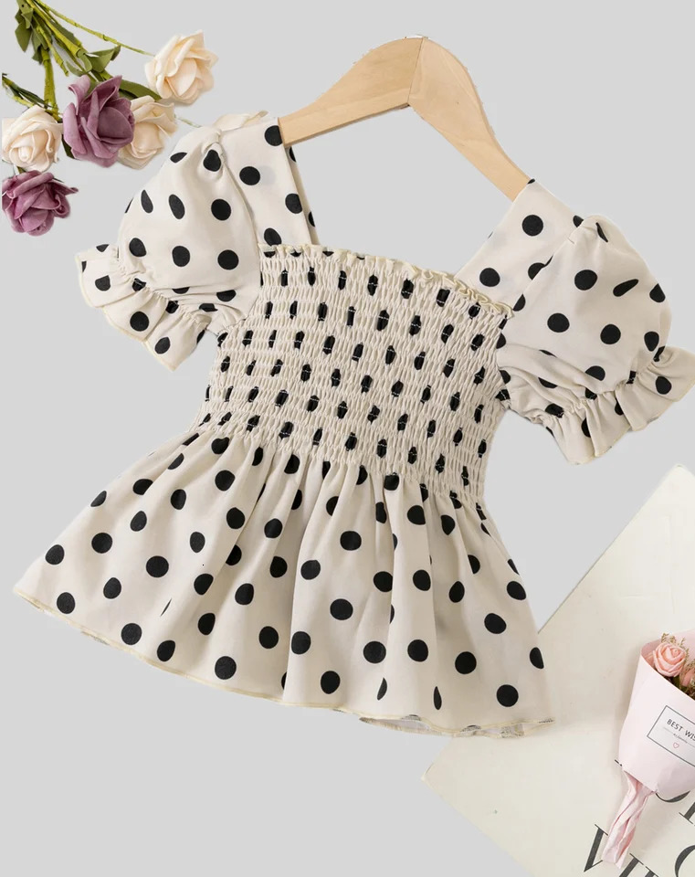 Summer rural style small wave dot shirt lace puffed sleeve cover belly folds sense French waist temperament square collar 250515