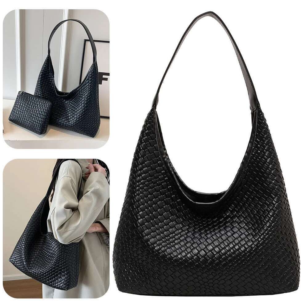 Women Large Shoulder with Pouch Top Handle Trendy PU Woven Tote Leather Armpit Handbag Commuting Bag