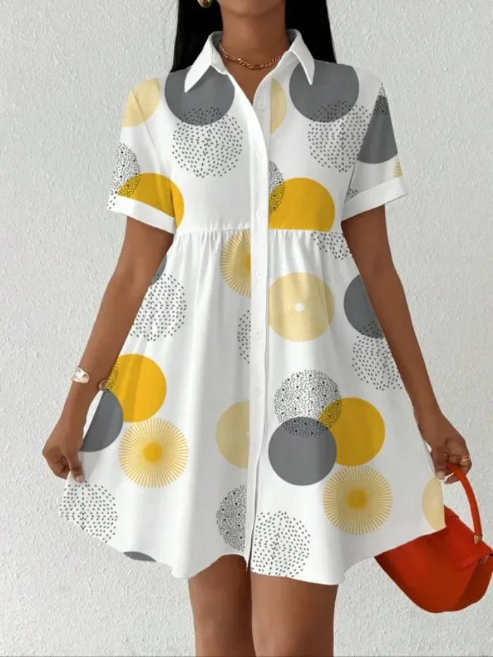 Plus Size 1XL-5XL Womens Summer Cute Fashion Elegant Geometric Print Dress Button-Up with Lapel Collar Short Sleeves Dresses 250509