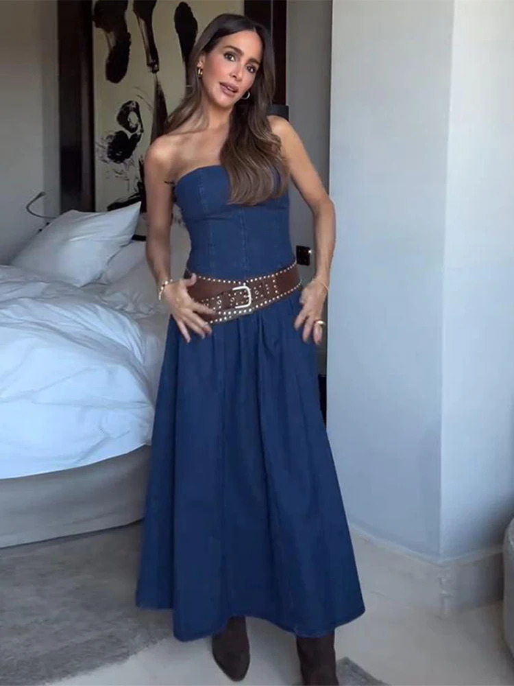 Fashion Off Shoulder Dress For Women Denim Backless Sleeveless Slim Long Dresses Female Spring Summer Lady Vestidos 250515