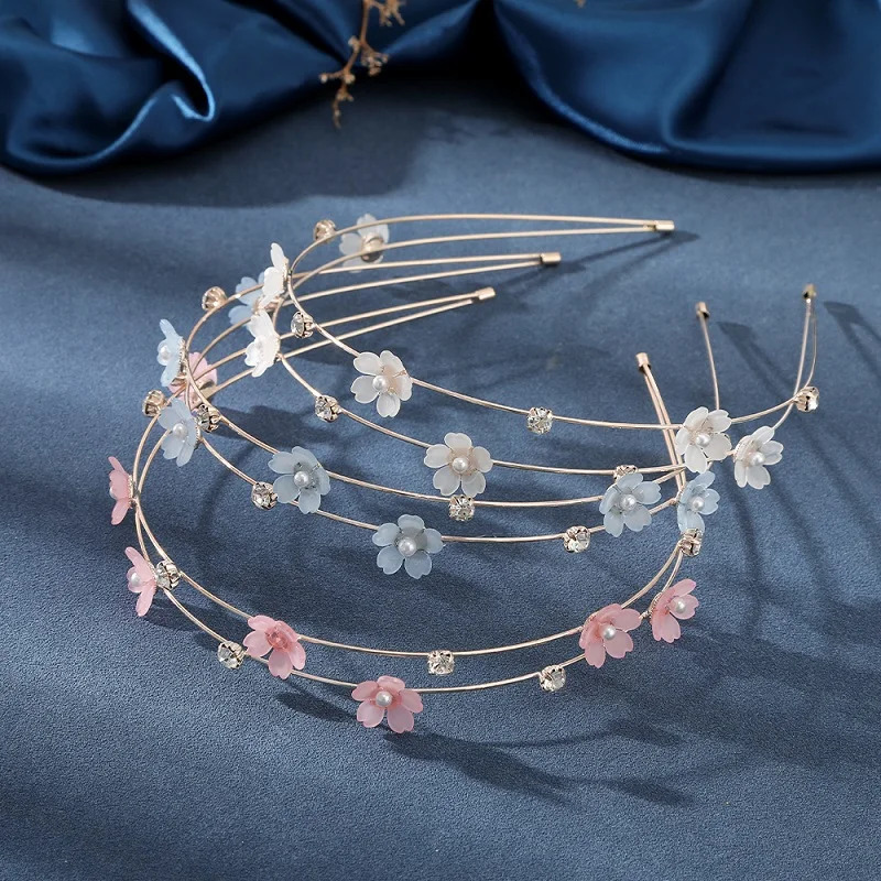 AWAYTR Double Layer Metal Hairband Flower Pearl Headband for Women Headwear Shiny Rhinestone Hair Band Hoop Hair Accessories 250509
