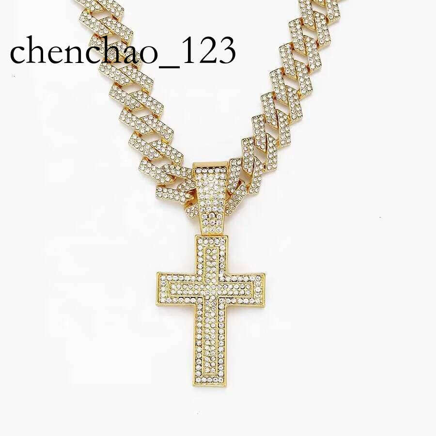 DHcollection NEW 15mm Width Iced Out Miami Chain With Hip Hop Alloy and Rhie Double Cross Pendant Necklace