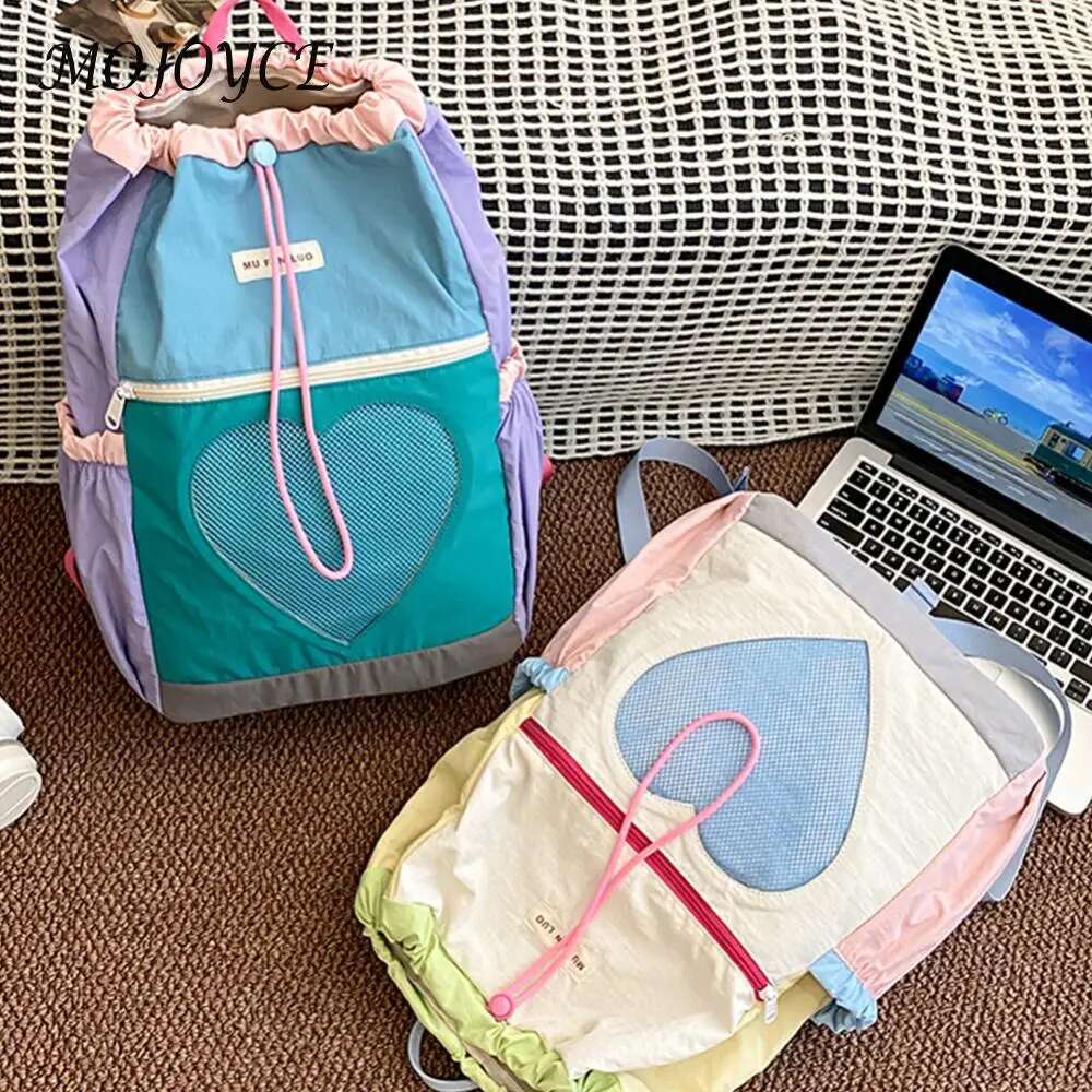 Bookbag Women Girls Color-Block Daypack Nylon Drawstring Laptop Backpack Adjustable Strap Rucksack for Travel School
