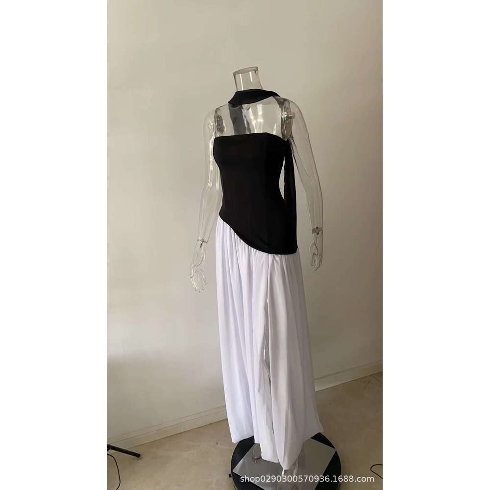 White Dress Maxi Dress Sdm144 Temperament Contrasting Zipper Tight Dress Irregular Slit Sexy Vacation Long Quality Skirt KQ