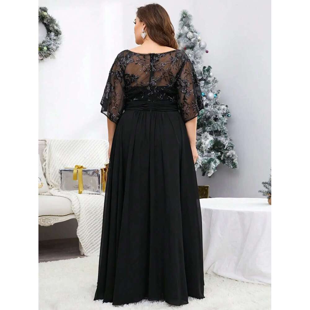 Mgiacy plus sizeV-neck sequin embroidered See-through large trumpet sleeve patchwork chiffon full skirt Evening gown Ball dress