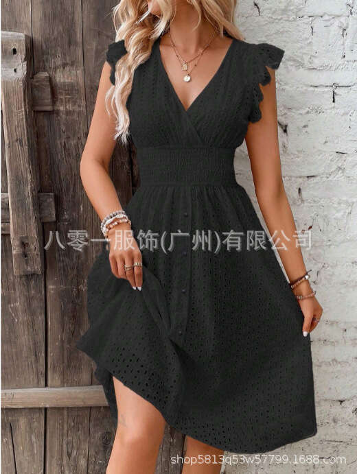 2024 New Mid length Lace Jacquard Hollowed out Slim V-neck Large Women's Dress