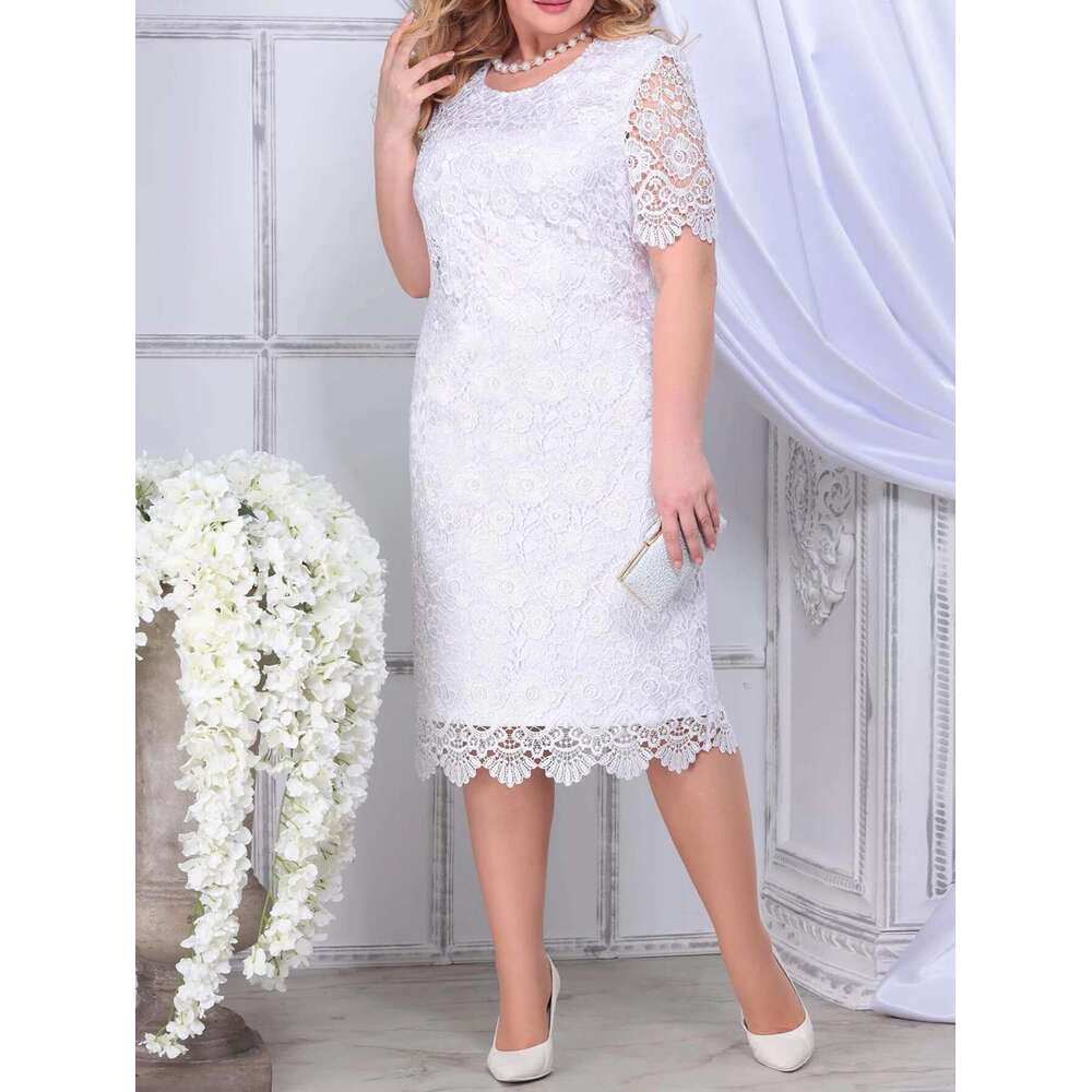 Plus Size Elegant Party Dresses White Woman Summer Embroidery Floral Wedding Guest Slim Pencil Midi Dress Vestidos