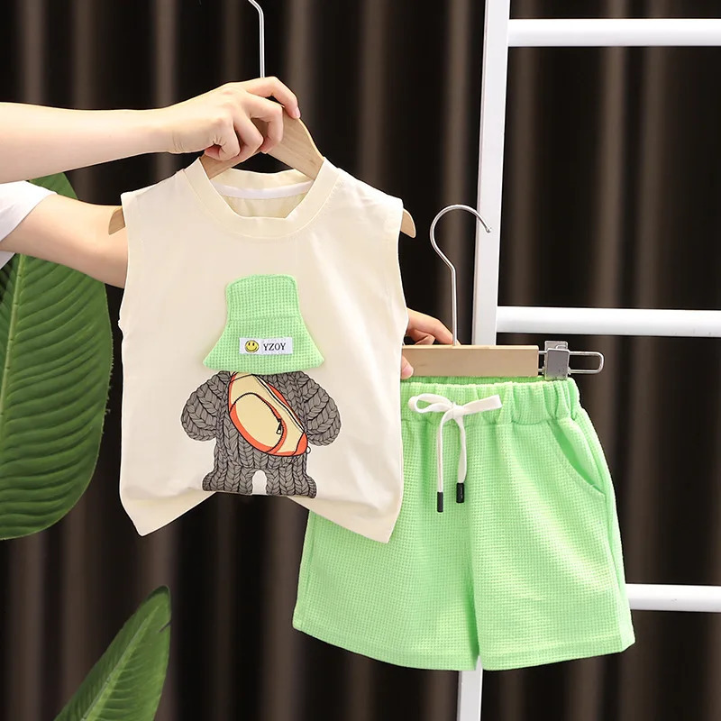Korean Children Summer Sets Girl Boy Sleeveless Vest Shorts Suit Child Clothing Fashion Outfits Kids Costume 250515