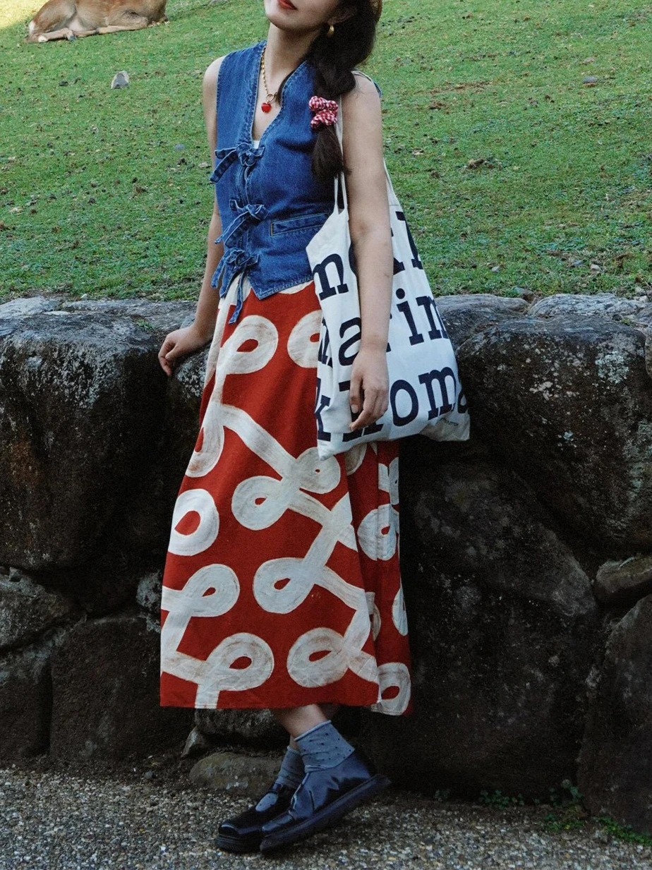 Vintage Summer in High Waist Red Midi Skirt Elastic ALine Flared with HandPainted Print Vacation Style 250515
