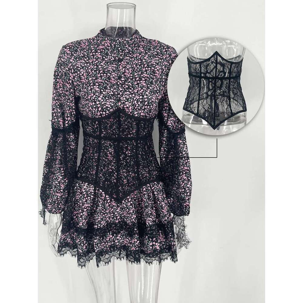 V-Neck Printed Lace Female Ruffled Fashion High Waist Slim Bandage Summer Short Party Women's Mini Dress