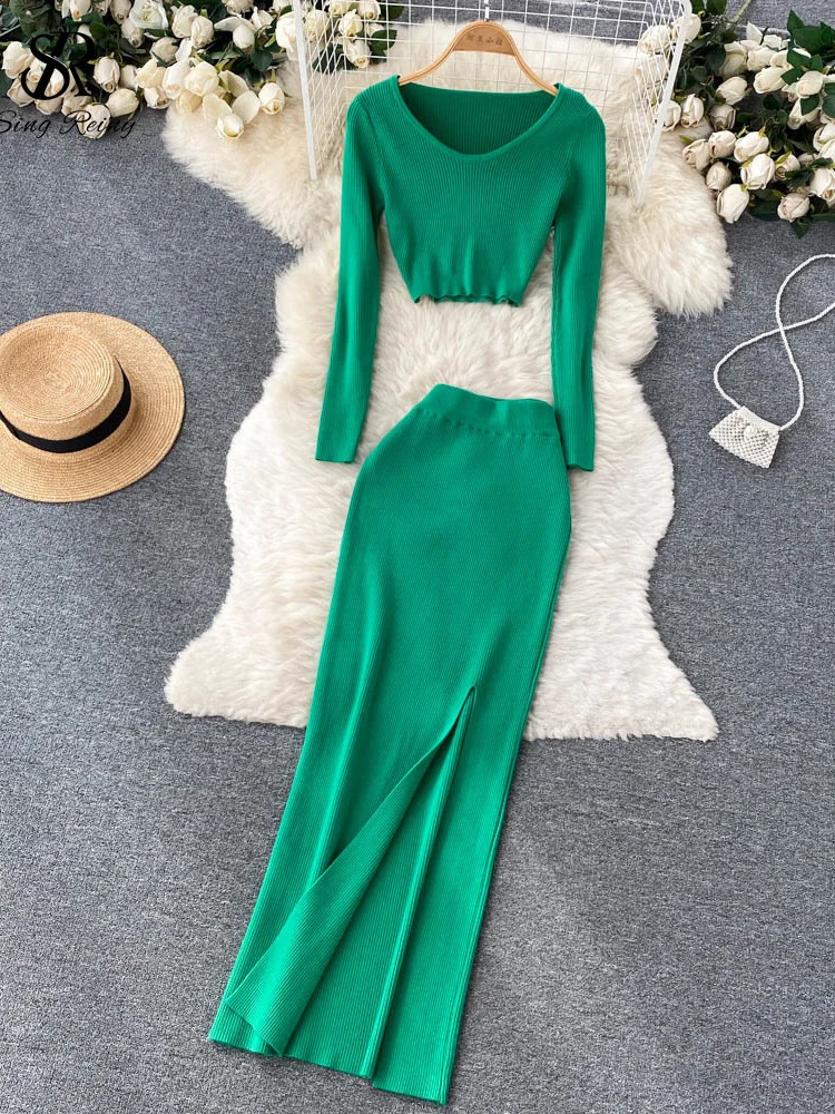 SINGREINY Autumn Sweater Two Pieces Suits Long Sleeves Knit Top Elastic Waist Slim Split Skirt Sets Women Warm Knitted Suit 250515