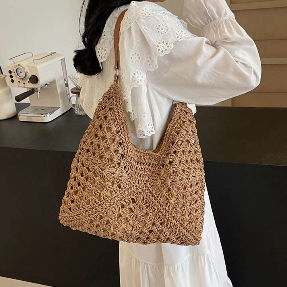 Women's Weaving Tote Handbag Woven Beach Large Knitting Shoulder Summer Straw Hollow Out Braiding Ladies Underarm Bags