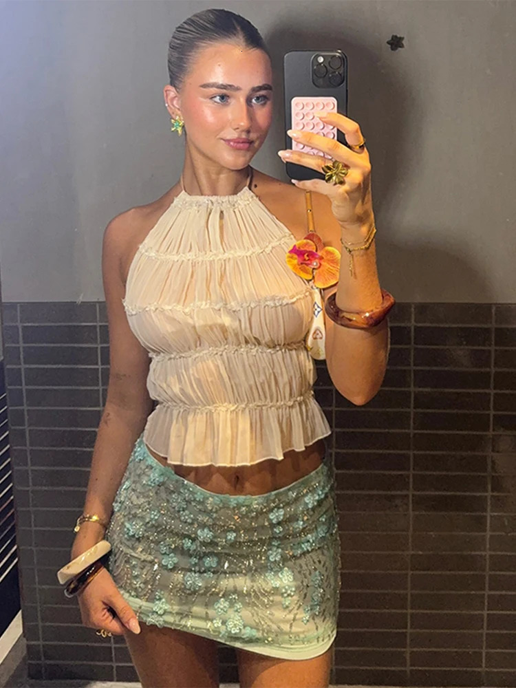Fashion Sequin Bead Print Womens Mini Skirt Lace Up Flower Slim Short Straight Skirt 2025 Summer Beach Vacation Females Skirts 250514
