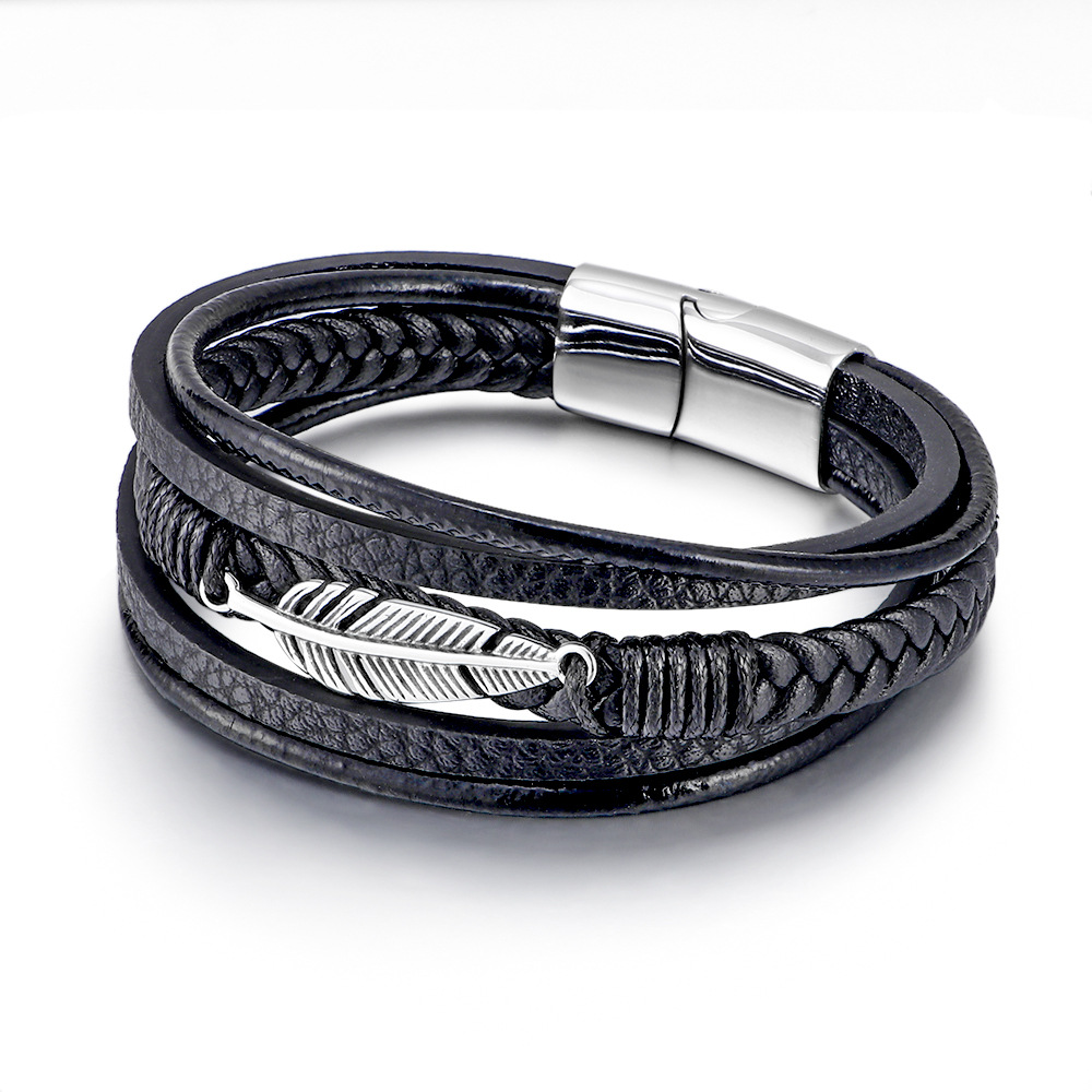 Amazon Europe Stainless Steel Feather Bracelet for Men, Multi-layer Leather Braided Design with Titanium Magnetic Clasp