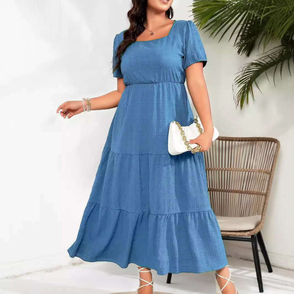 Plus Size Women Dresses Summer Dresses Maxi Dress Robe Vestidos Summer Dresses for Women Womens Bubble Sleeves Square Neck Back Pleated Short Sleeve P