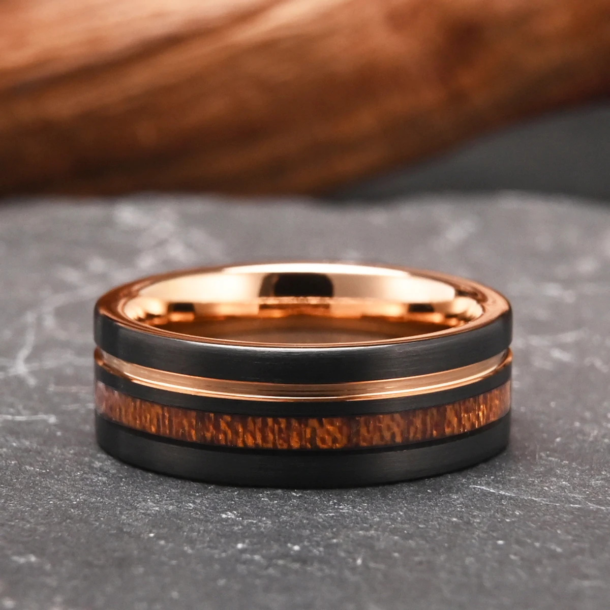 8MM/6MM rose golden and black tungsten ring wooden ring comfortable to wear suitable for daily wedding party anniversary gift 250515