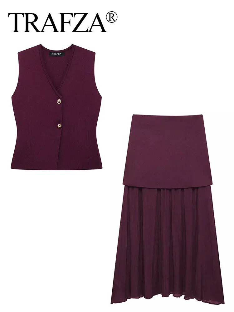 TRAFZA Women Skirt Set Wine Red Knitted VNeck Sleeveless Slim Vest Solid High Waist Zipper Patchwork On Street 250515