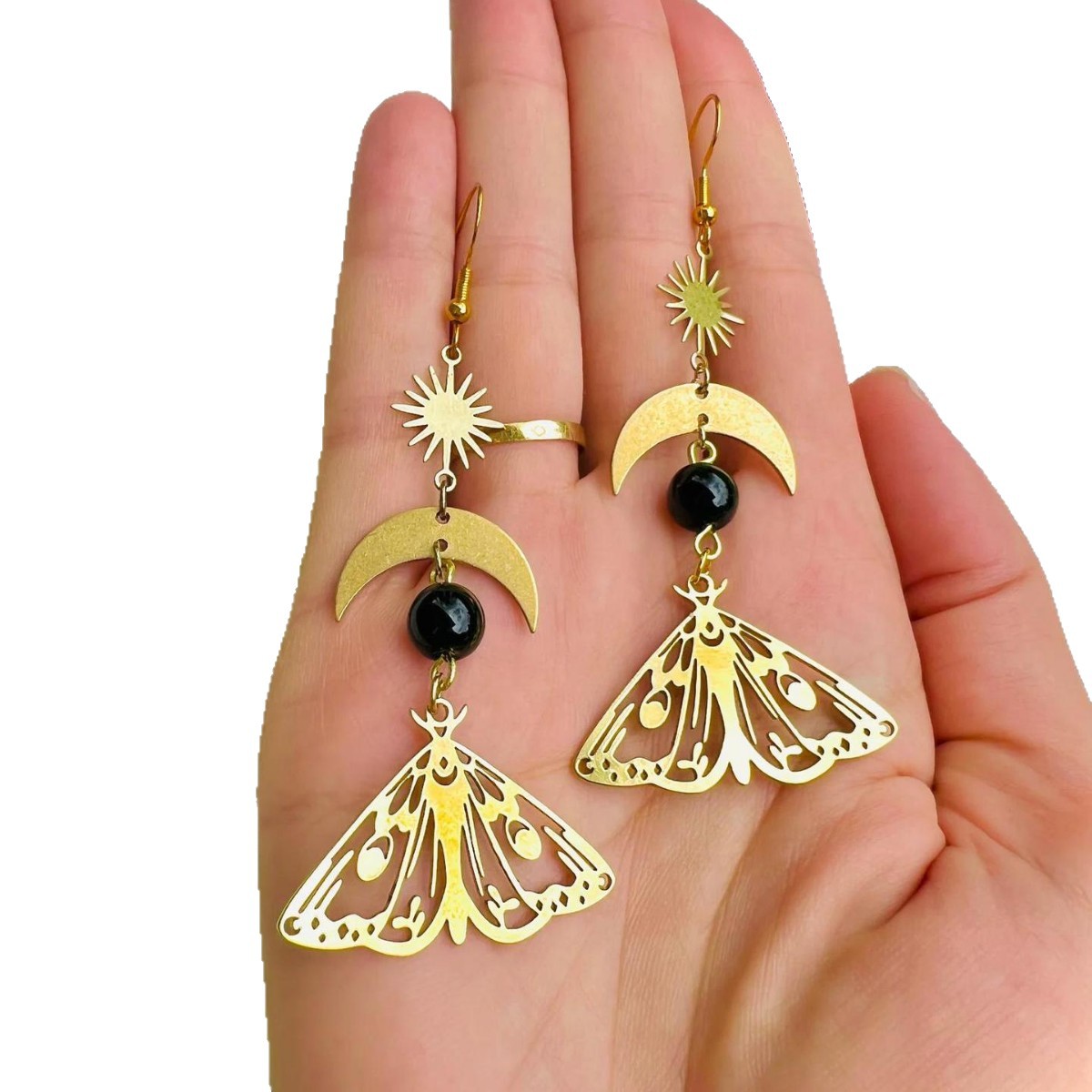 Witchy Inspired Accessories: Artisanal Crescent Pendant and Insect Charm Pairing