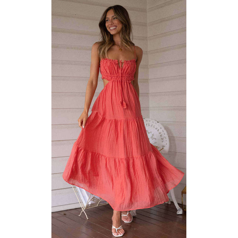 White Dress Maxi Dress Summer New Women's Style Hanging Strap Sexy Hollow Out Long With Open Back Panel Large Swing Dress KQ