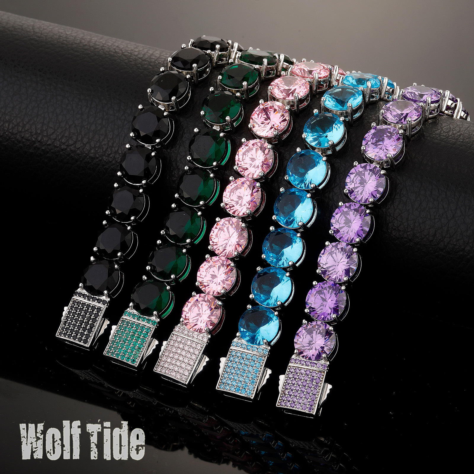 10mm Bling Cubic Zirconia Tennis Chain Bracelet Prong Black Blue Pink Cubic Zirconia Unisex Hip Hop Bracelets For Men Women Wolf Tide Rapper Party Jew