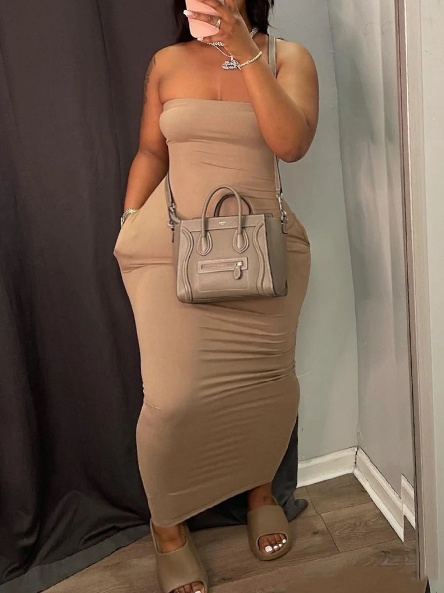 LW Plus Size Off The Shoulder Pocket Dress Summer Strapless Ruched Strapless Ankle Length Dresses Without Bag 250515