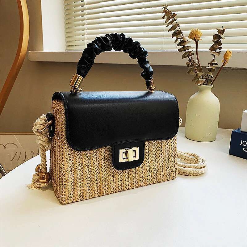 Straw Beach For Women 2021 Summer Pleated Handle Designer Bag Contrast Color Crossbody Purse And Handbag Lady Bolsos