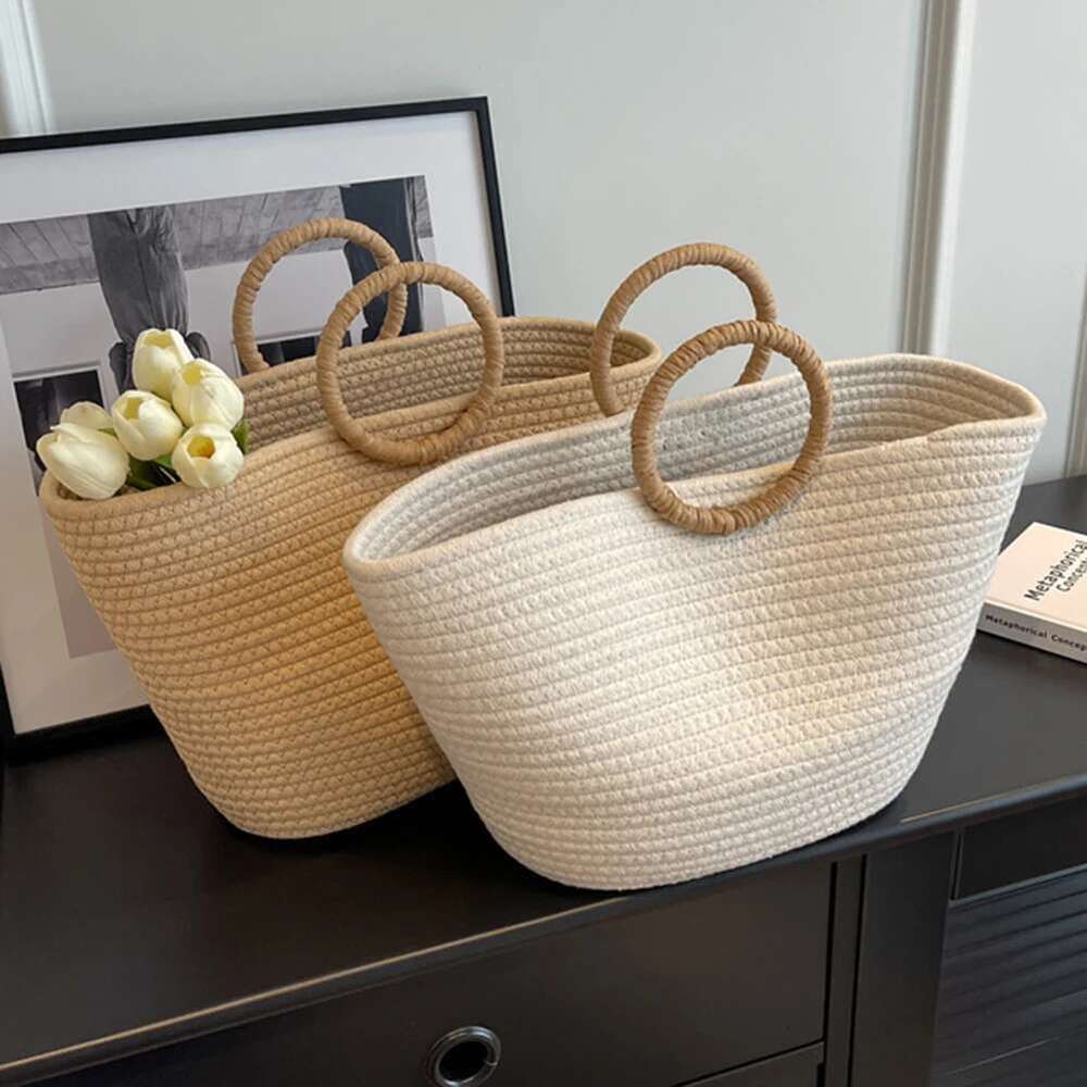 Straw Women Hand-Woven Handbags Moon Shape Rattan Tote Big Capacity Top-Handle Casual Beach Shoulder Bag