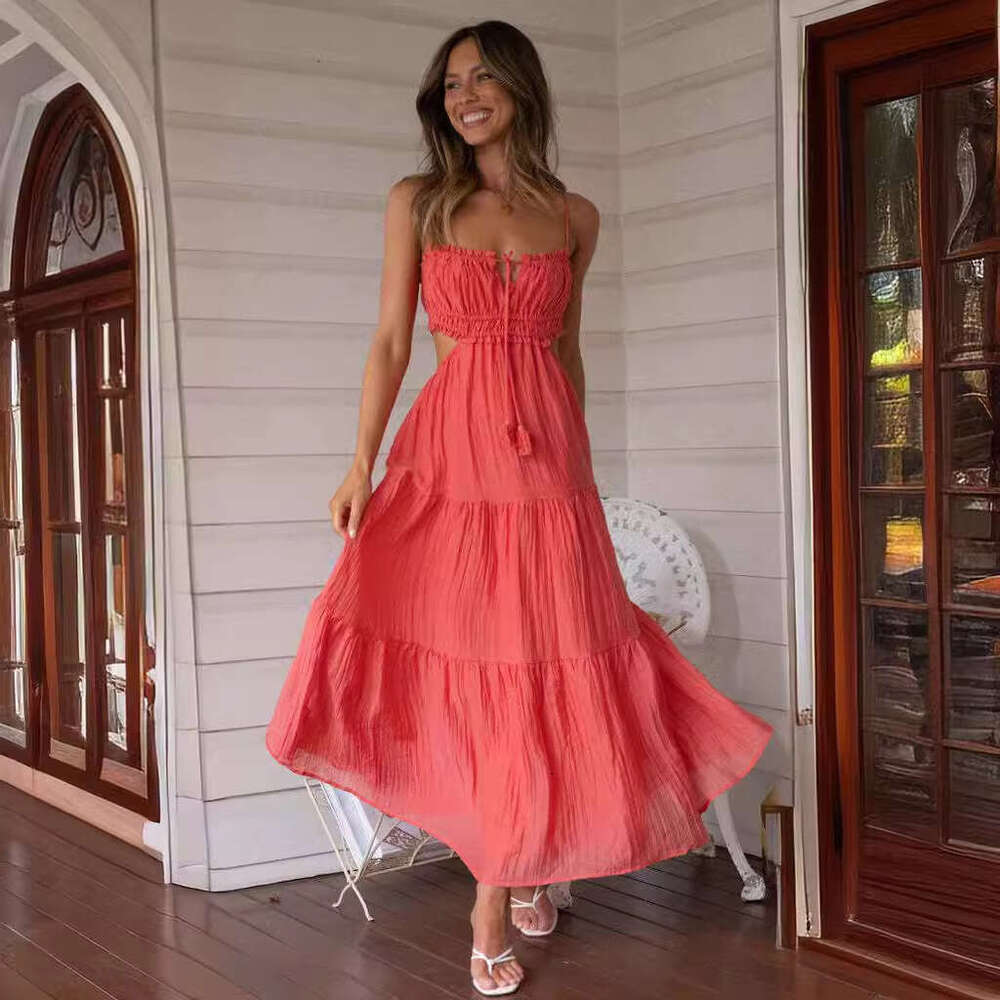 White Dress Maxi Dress Summer New Women's Style Hanging Strap Sexy Hollow Out Long With Open Back Panel Large Swing Dress KQ