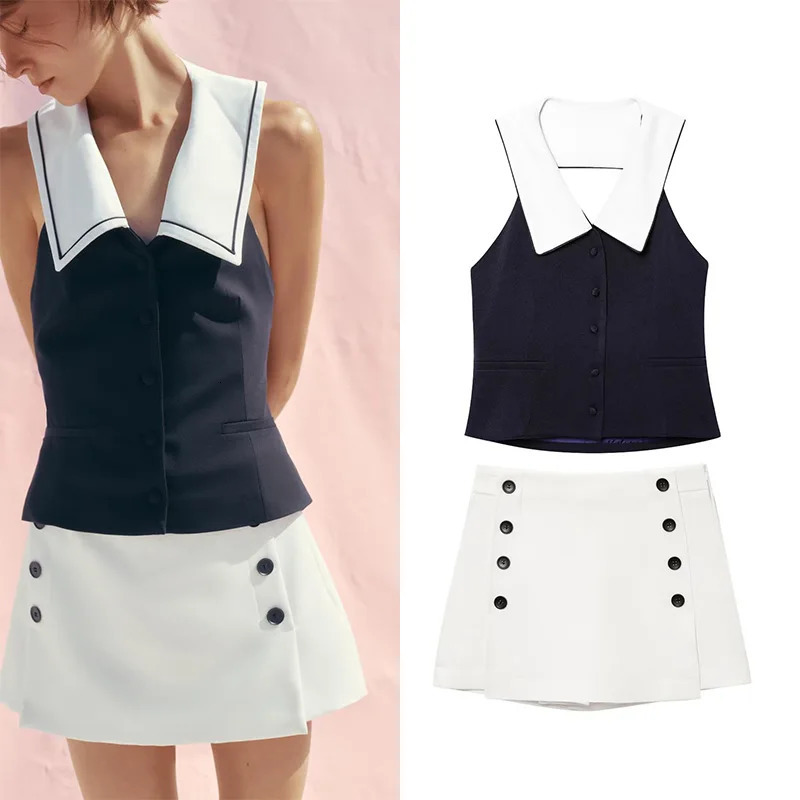 TRAF High Waist Skirt Set Women 2 Piece Patchwork Piping V Neck Waistcoat Skort With Buttons Two Outfit 250515