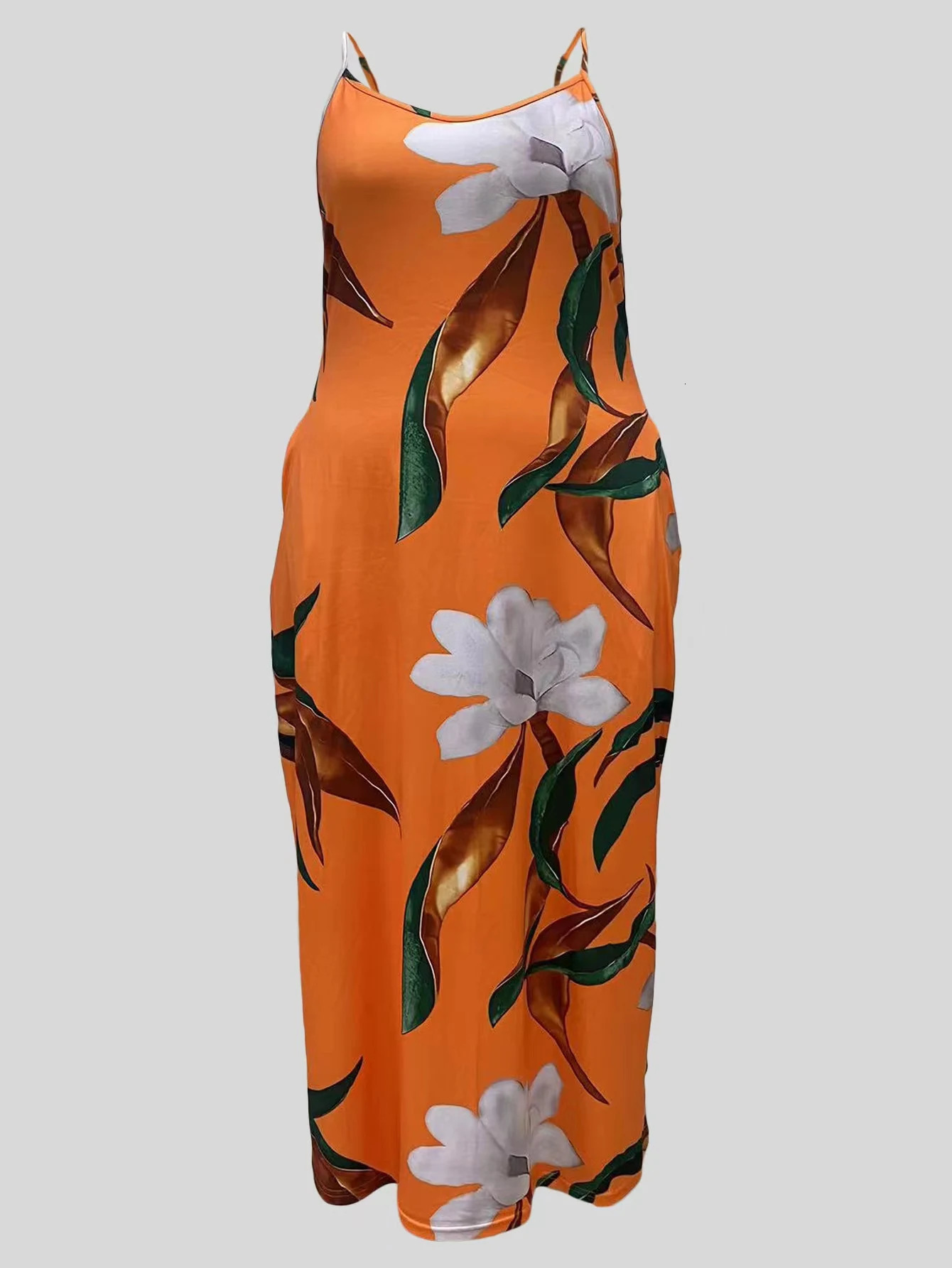 plus Size Fashion Floral Print Dress with Adjustable Buckle Pocket Strap Gown for Women 250509