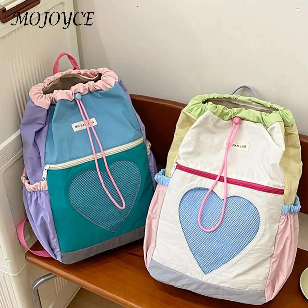 Bookbag Women Girls Color-Block Daypack Nylon Drawstring Laptop Backpack Adjustable Strap Rucksack for Travel School