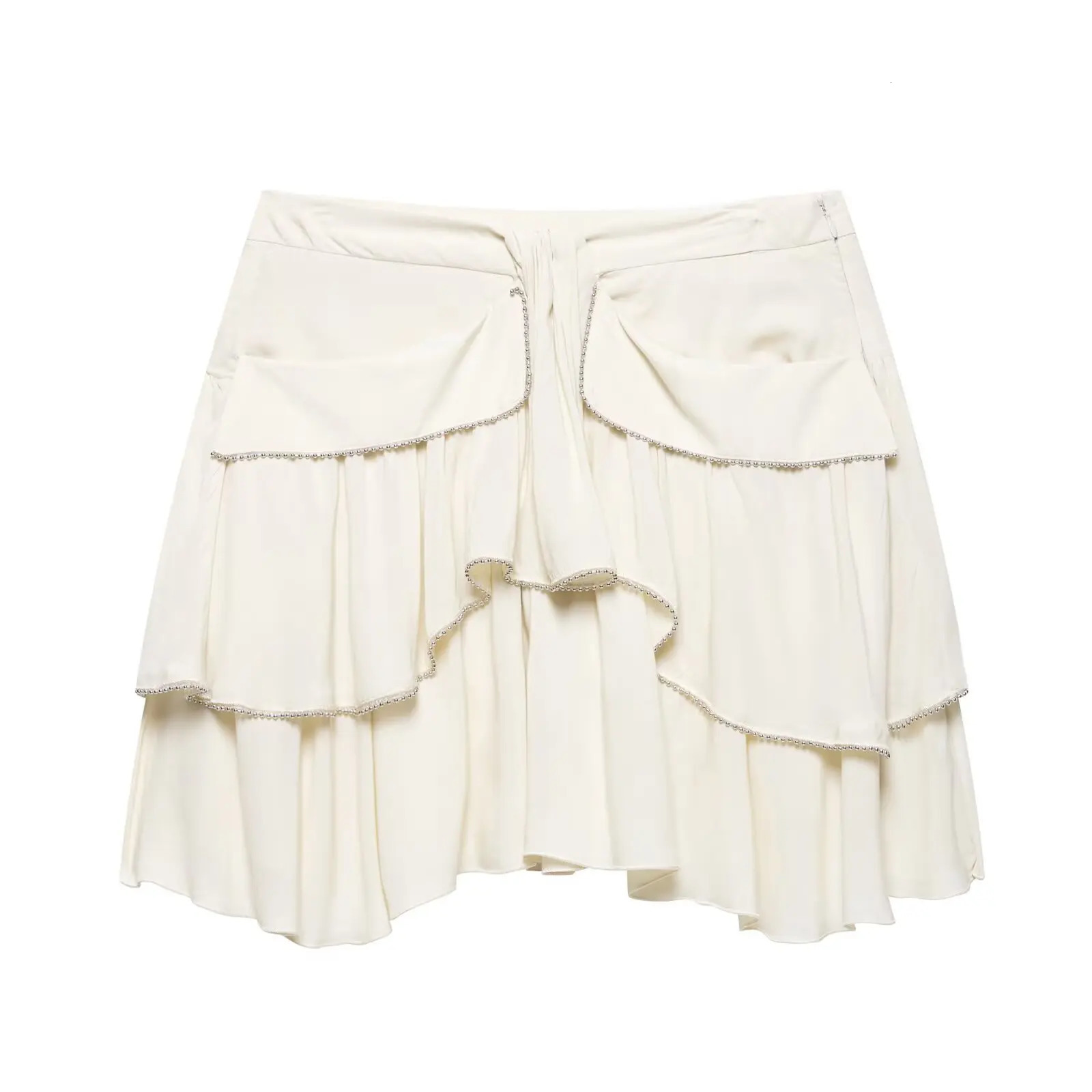 Zevity Women Fashion Cascading Ruffles Beading n Mini Skirt Skirts Female Chic Side Zipper Dresses QUN9026 250515