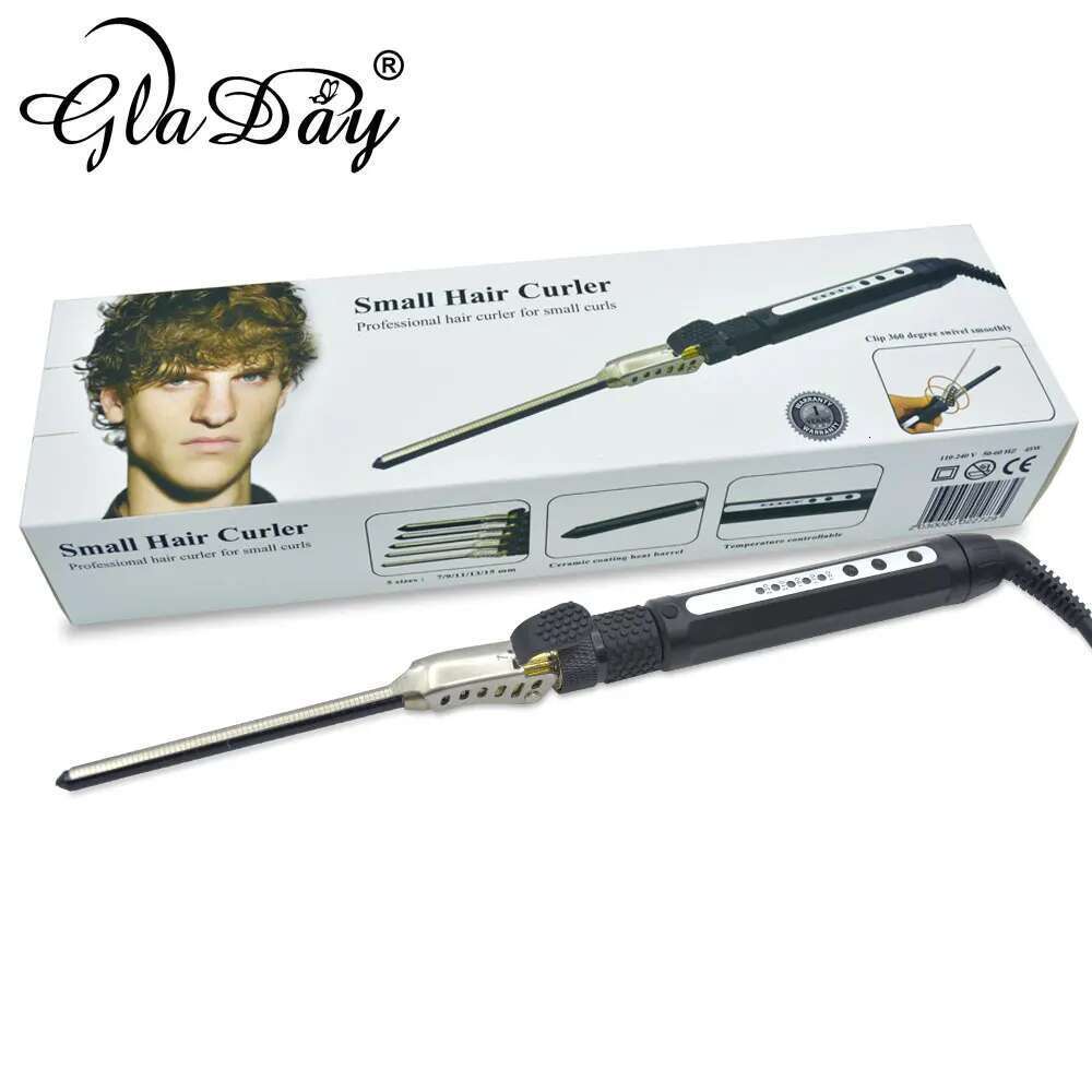 Men's Curler Ceramic 7mm Wand Small Deep Curly Hair Curlers Rollers Curling Iron Rotating 360 Degree
