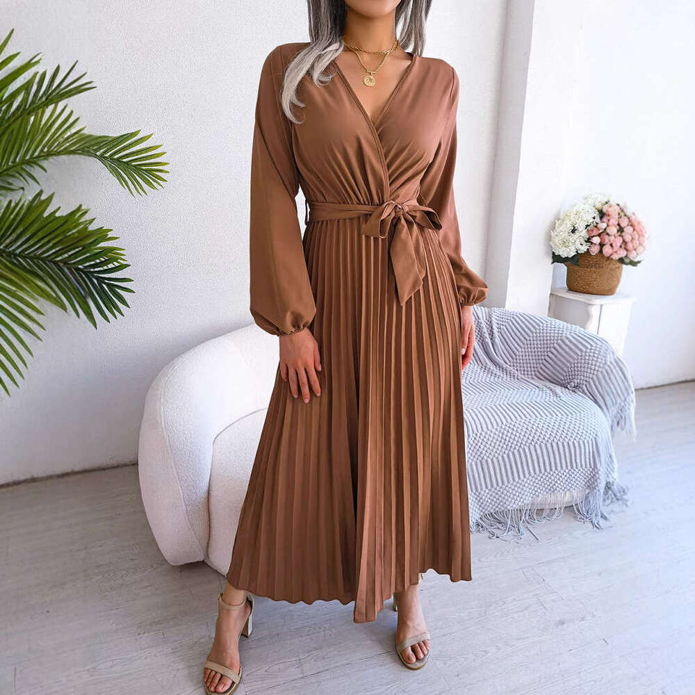 Explosive Real Shot European American Spring and Summer Style Cross V-neck Big Swing Hundred Fold Long Dress Women's 2025 New Casual Fashion Tren