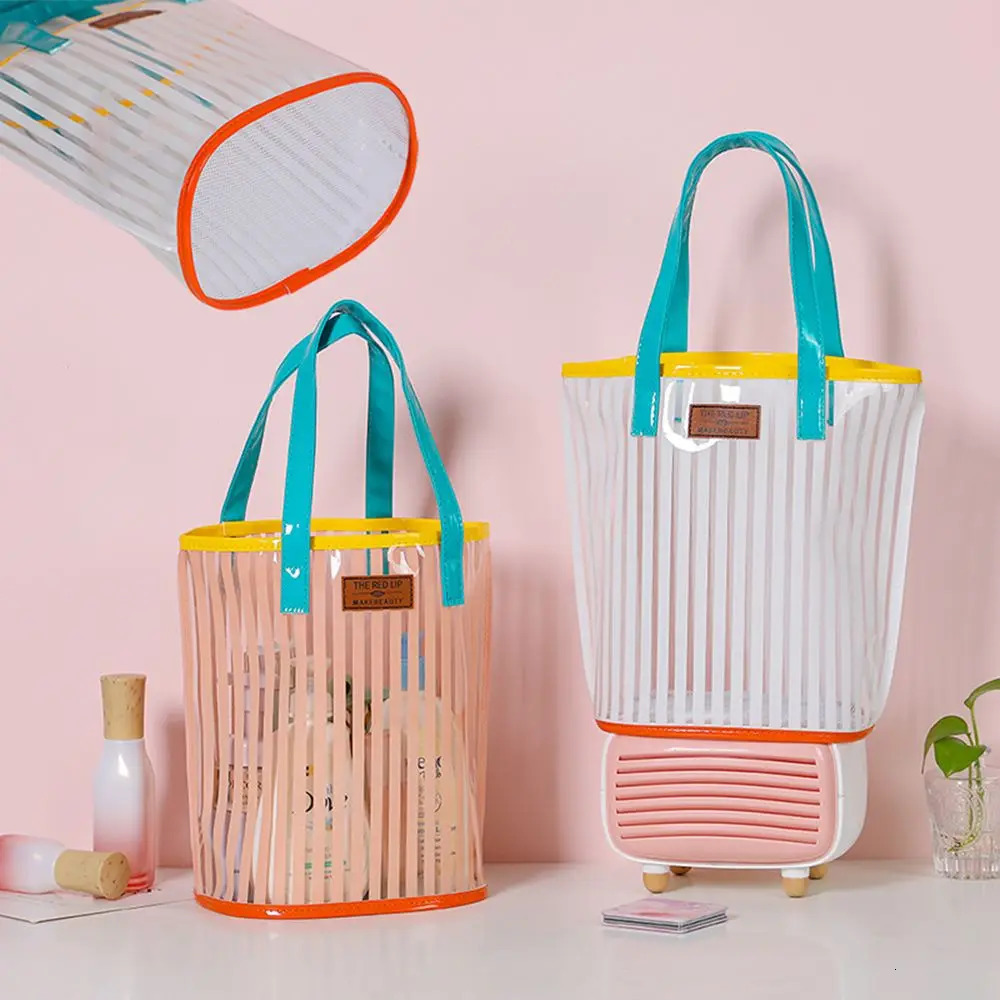 Summer Transparent Stripe Print Clear handbag For Women Beach Bag Large Capacity Shoulder Bags PVC Waterproof Shopping Bags 250515