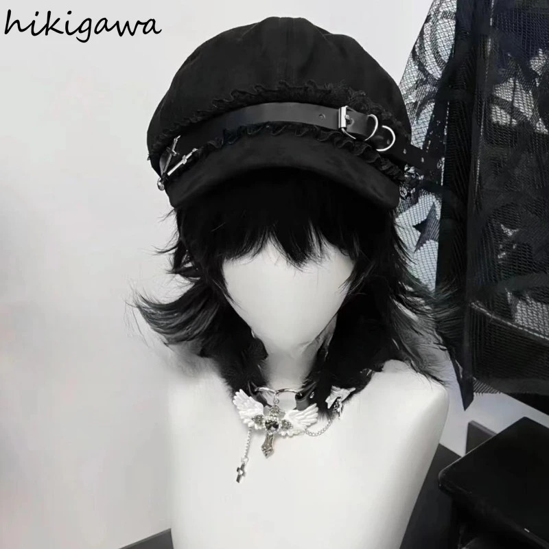 Women Harajuku Gothic Lolita Beret Hat Cap Y2K Girl Bow Punk Patchwork Lace Handmake Decorative Sun Hats 2025 Gorras Para Mujer 250514