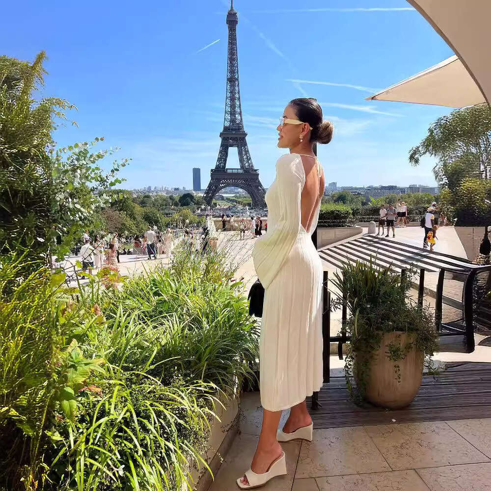 White Dress Maxi Dress 3-Color Autumn And Winter Dress, Casual Core Yarn, Slimming Round Neck, Big Pit Stripe, Backless A-Line Knitted Long Skirt For 