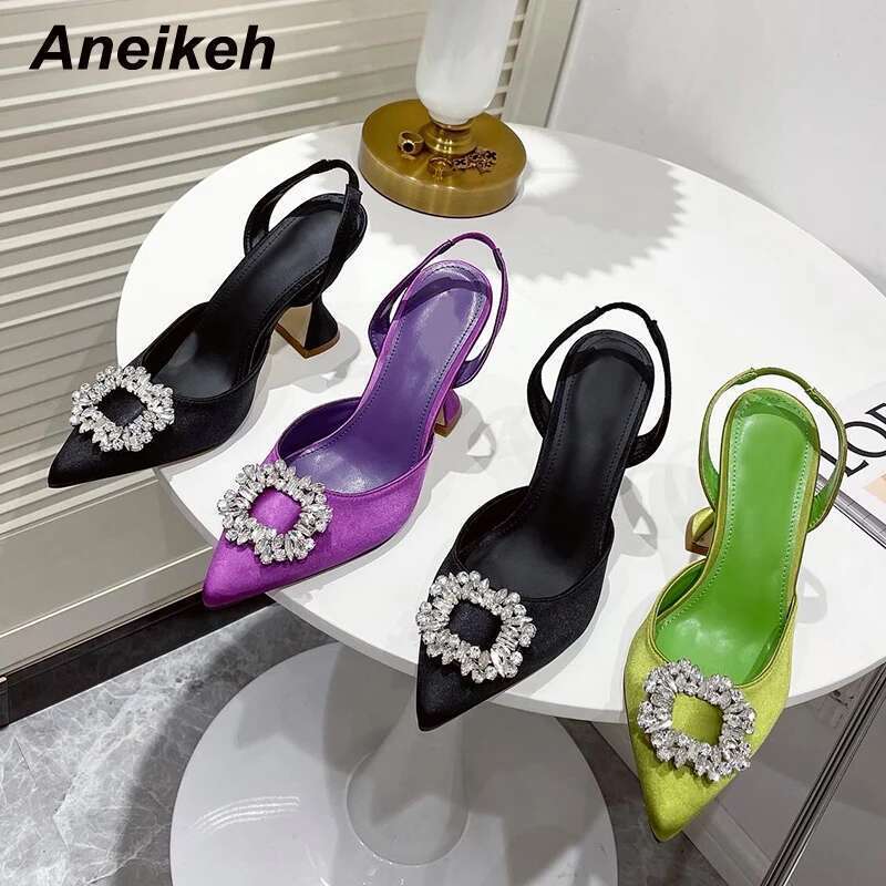 Aneikeh Brand Women Pumps Crystal Slingback High Heels Summer Bride Comfortable triangle Heeled Party Wedding Shoes