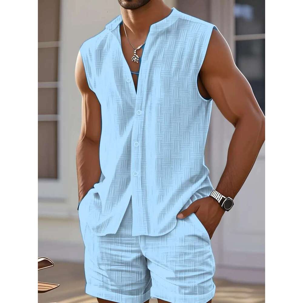 2025 summer new men's casual sports vest shirt fashion loose comfortable outdoor sleeveless shorts beach two sets