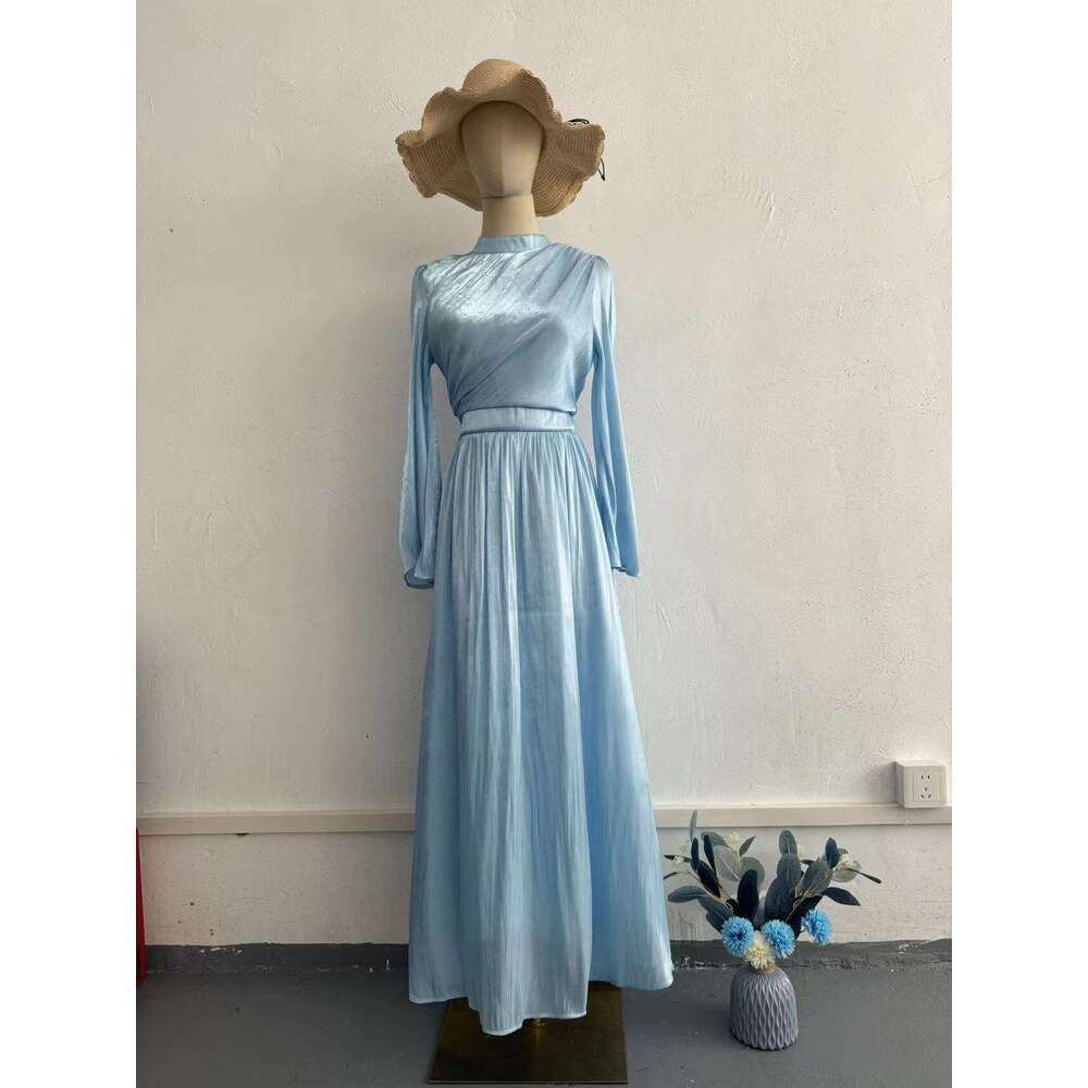 Cross half high neck for women 2023 new long sleeved tea break French style waist length dress